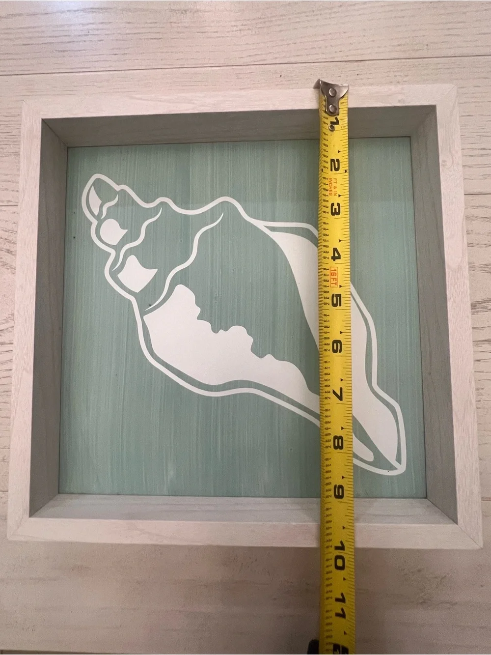 Coastal Conch Shell Framed Wall Decor White on Blue/Green Distressed Back - 10”
